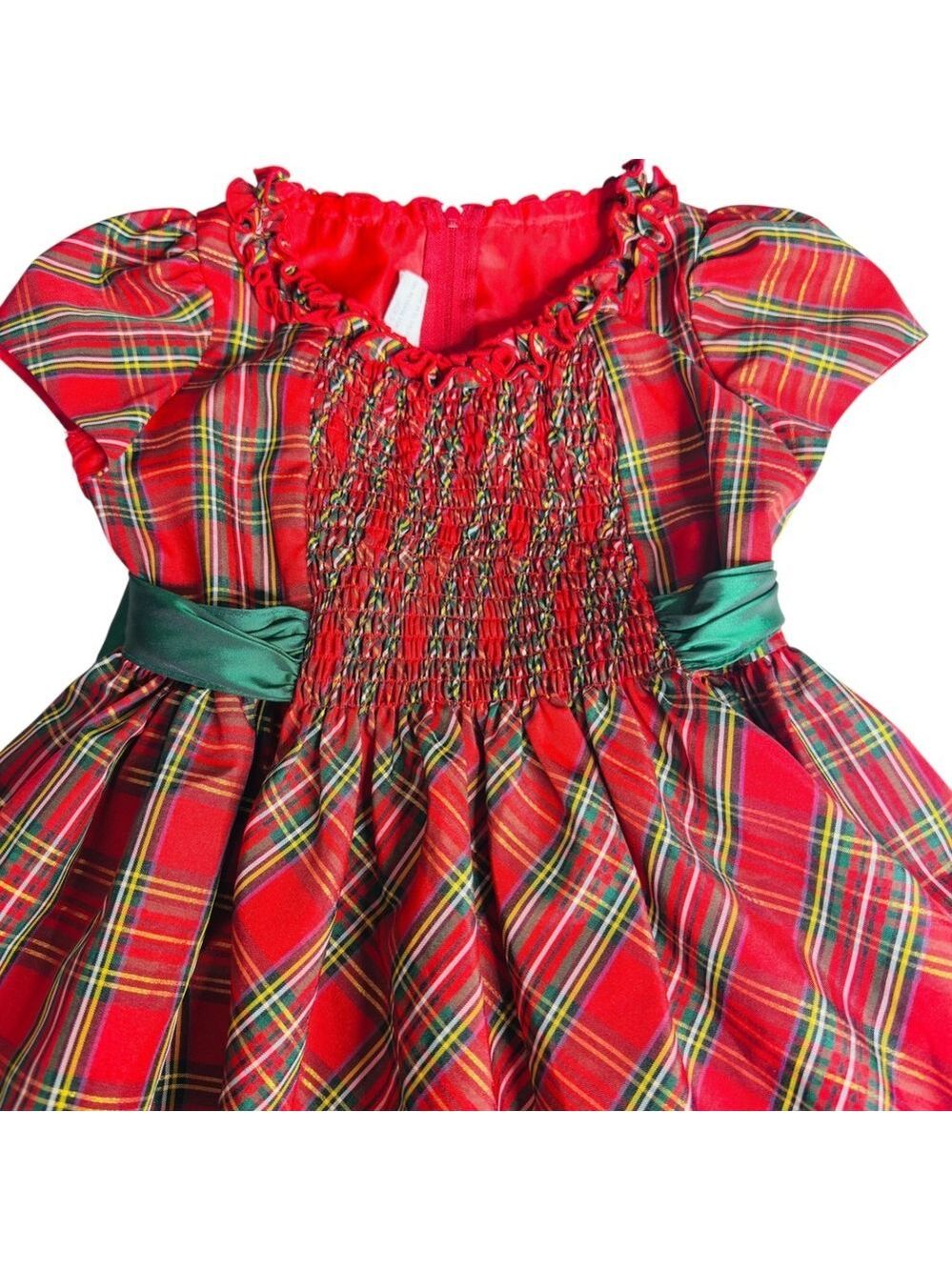 Girls Red Plaid Smocked Holiday Dress Short Puff Sleeve Tulle Size 5 - Picture 5 of 10
